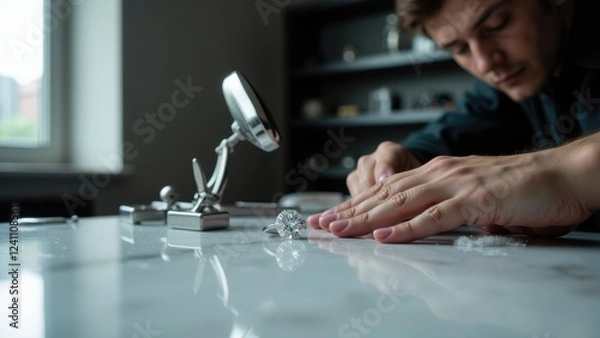 Fototapeta A jeweler polishing a sparkling diamond ring under a magnifying glass, working in a pristine, well-organized studio