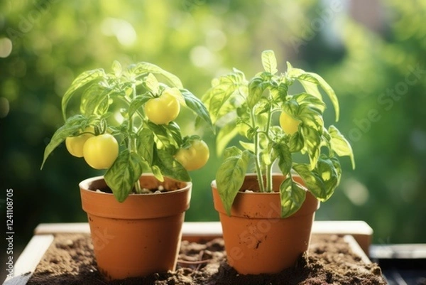 Fototapeta Growing Together: Yellow Tomatoes and Green Basil Plants in Neighbouring Herb Garden. A Perfect Companion for Healthy Cooking
