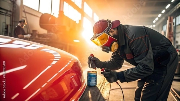Fototapeta Automotive Painter in Workshop Spraying Red Car Professional Detailing Industrial Setting