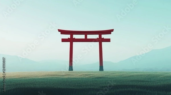 Fototapeta A minimalist depiction of a traditional Shinto shrine gate (Torii) standing alone in an open field.
