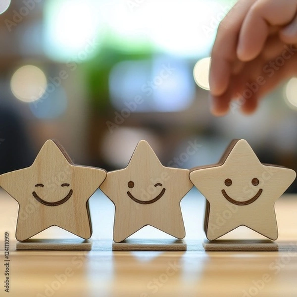 Obraz Smiling Wooden Stars with Facial Expressions on a Soft Focus Background