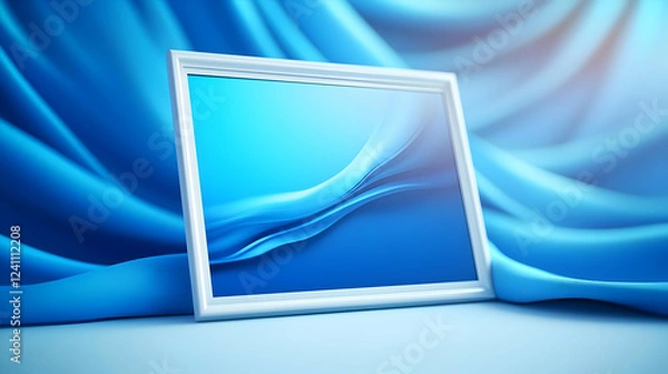 Fototapeta A sleek white frame displays a serene blue background, set against flowing blue fabric, creating a calm atmosphere.