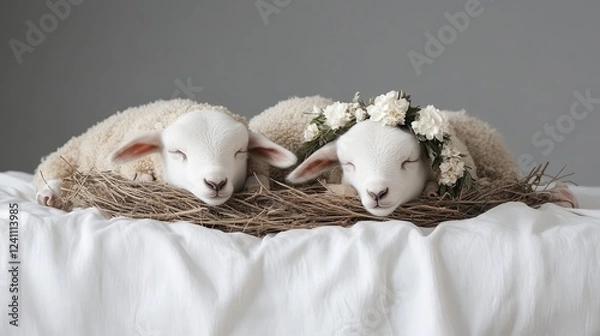 Fototapeta Two Adorable Lambs Resting Together in Cozy Nest with Flowers
