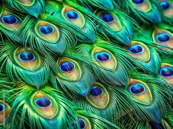 Fototapeta Lush Green Peacock Feather Texture: Panoramic Close-Up Wallpaper Background