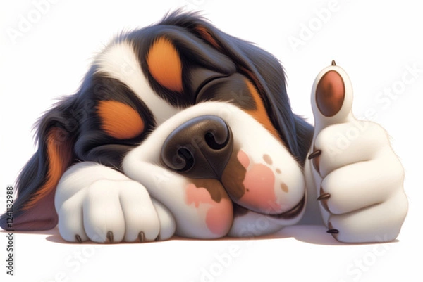Fototapeta Funny sleeping dog with thumb up on white background