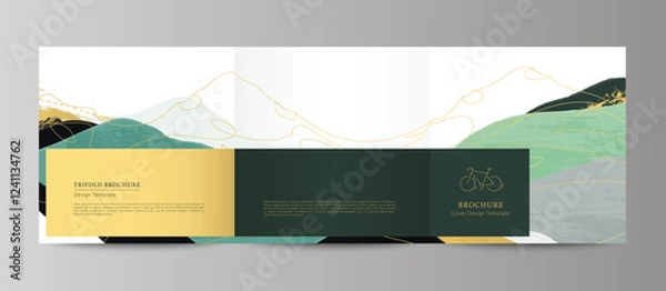 Fototapeta Tri-fold brochure, flyer, booklet with abstract mountains. Textured hand drawn details and golden lines. Stylish bicycle icon. Designated photo placeholders. 
