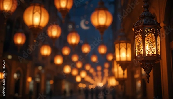 Fototapeta Glowing Lanterns Illuminate Festive Night Street