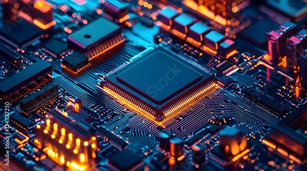 Fototapeta Close-up of a vibrant microchip with glowing circuitry on a circuit board