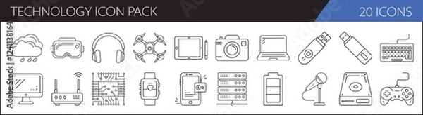 Fototapeta Technology Icon Set Collection - A collection of 20 line icons representing various technology devices, including gadgets, accessories, and tech tools.

