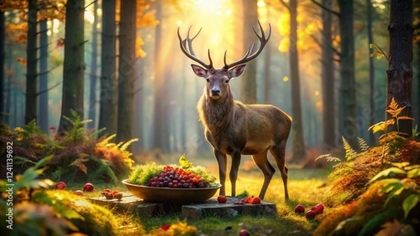 Obraz Majestic Stag in Autumn Forest Feast: Wild Mushroom & Berry Platter
