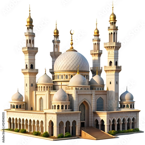 Fototapeta Stunning architectural design of a grand mosque with golden domes and on transparent background holy