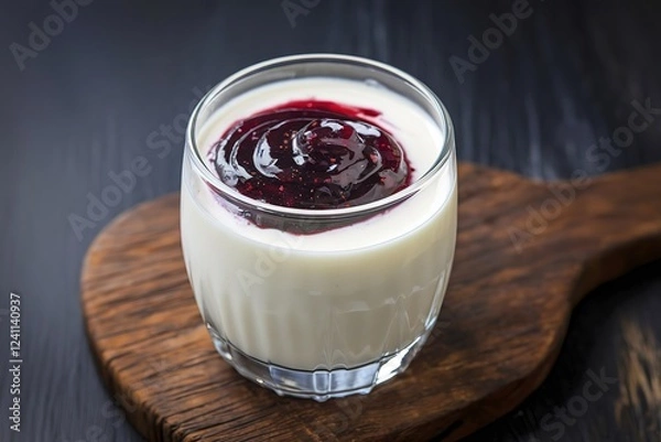 Fototapeta A photo of homemade yogurt in a glass, topped with jam