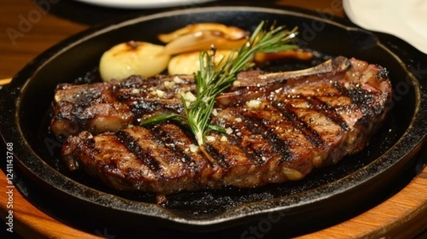 Obraz A perfectly grilled bistecca, sizzling on a cast-iron skillet, garnished with fresh rosemary and garlic, showcasing the juiciness and mouthwatering texture of the meat.