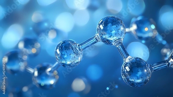 Fototapeta Glass molecular structure on blue bokeh background with spherical atoms and chemical bonds, scientific concept for chemistry and biotechnology research.