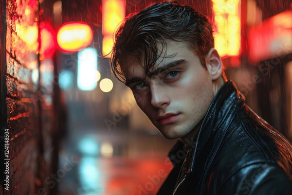Fototapeta Urban night vibes with a young man against neon lights and rain
