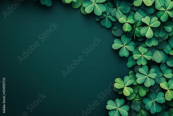 Obraz Fresh Clover Leaves Arranged on a Dark Green Background. St. Patrick's Day celebration banner template.