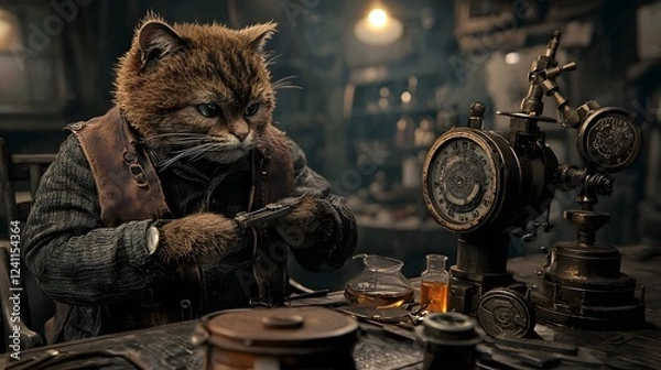 Fototapeta A highly detailed depiction of a diligent and focused cat scientist