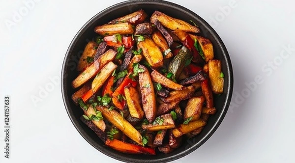 Fototapeta Plate of fried vegetables with meat on white background, top view.