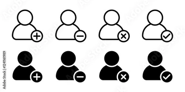 Fototapeta Vector isolated User Add and Delete icon set in black outline and fill