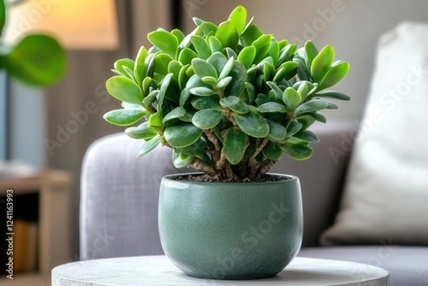Fototapeta jade plant gracefully placed on a side table beside a cozy sofa, creating a soothing and inviting atmosphere with natural elements enhancing the homey feel