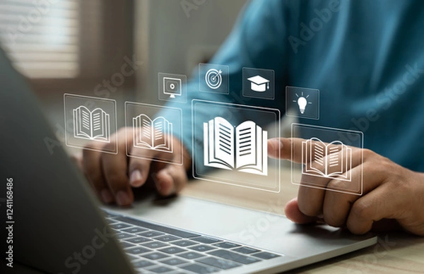 Fototapeta E-library and E-learning Concept, Person using laptop with virtual E-Book icons for online knowledge Base, Digital library, Access electronic books on Internet. Course education. Webinar technology.