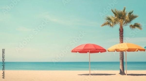 Fototapeta Colorful beach umbrellas and palm tree by tranquil ocean under clear blue sky
