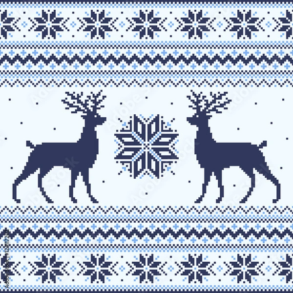Obraz Blue winter pixel background with deer and snowflakes