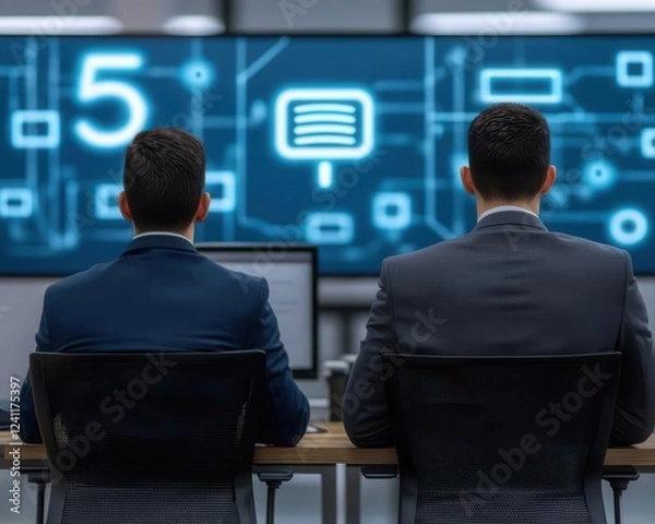 Fototapeta Professionals discussing 5G network rollout strategies in a digitalized boardroom, faster connectivity strategy