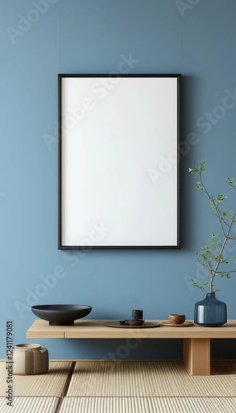 Fototapeta Elegant black japanese frame empty white canvas hanging on the wall, minimal mockup frame on blue clean wall, modern japanese interior, wall art presentation template, Picture frame