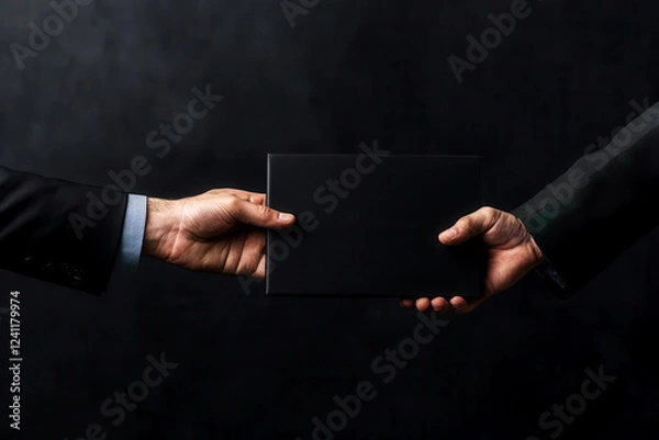 Fototapeta Business professional handing over a confidential folder in a shady deal, representing corporate corruption and fraud