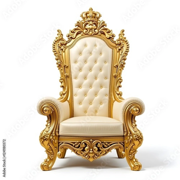 Fototapeta Ornate gold-gilded throne chair, cream-colored leather seat and backrest, detailed baroque style carvings,  gold crown atop the chair,  front-facing perspective,  high-key lighting,  studio shot,  