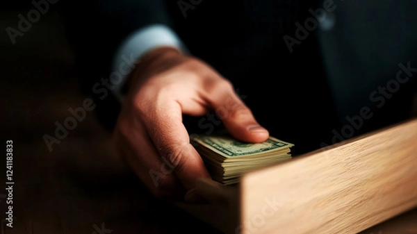 Fototapeta Employee looking nervous while taking a stack of cash from a hidden drawer, corporate theft and embezzlement concept