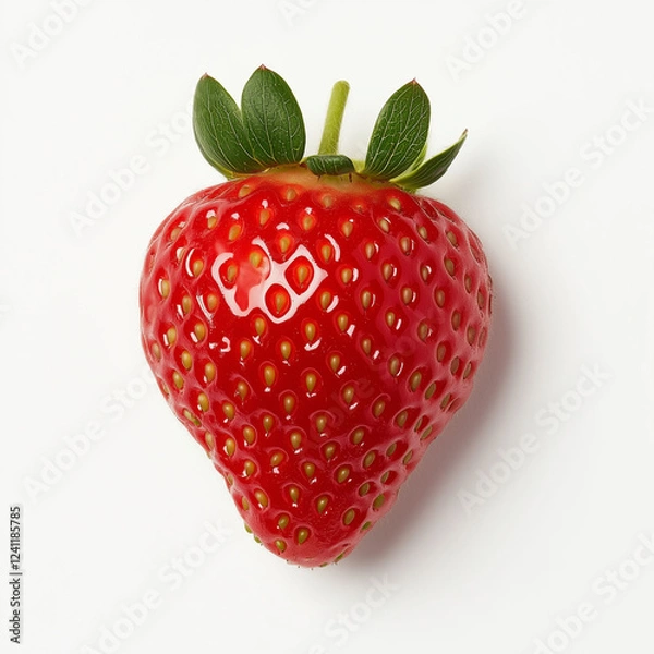 Fototapeta A single bright red strawberry with its green leaves on a white background