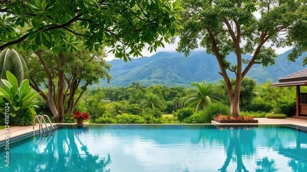 Fototapeta Luxury hotel pool surrounded by lush greenery overlooking a picturesque mountain landscape, greenery, outdoor, serene