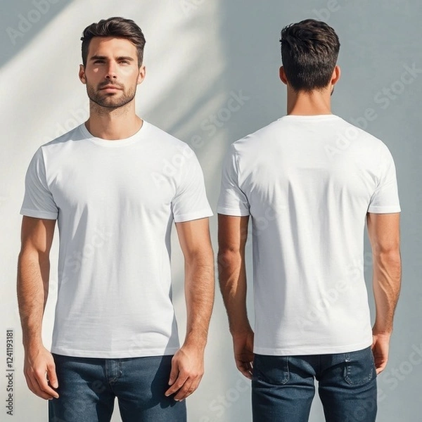 Fototapeta A young man poses in a plain white t-shirt, showcasing a casual style from both the front and back views against a minimalist background.