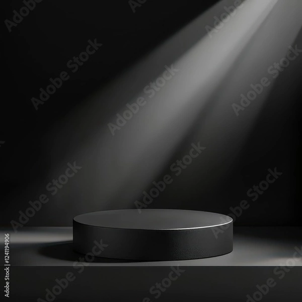 Fototapeta Simple podium with smooth lines on a sleek black stage, soft shadows and minimal lighting for an upscale presentation