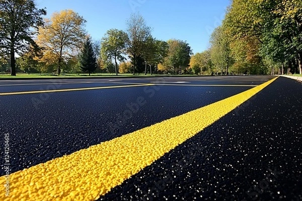 Fototapeta Road marking on brand new asphalt surface of a parking lot, yellow and white lines as abstract background , isolated on white background,  , copy space for text,