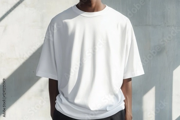 Fototapeta A person wearing a plain white oversized t-shirt stands against a light concrete backdrop, exuding a casual and minimalist style.