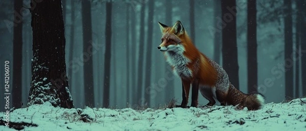 Fototapeta A majestic fox stands in a snow-covered forest, surrounded by tall, misty trees, embodying the beauty of nature in winter.