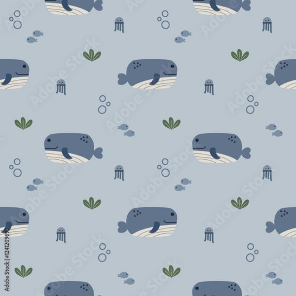 Obraz Whale cartoon so cute. On seaweed fish jellyfish background. Pattern seamless vector illustration. 
