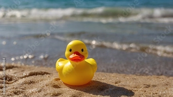 Obraz Toy Yellow Duck, Yellow rubber duck floating in water and resting on the beach, Close-up picture of yellow rubber duck toy on beach background