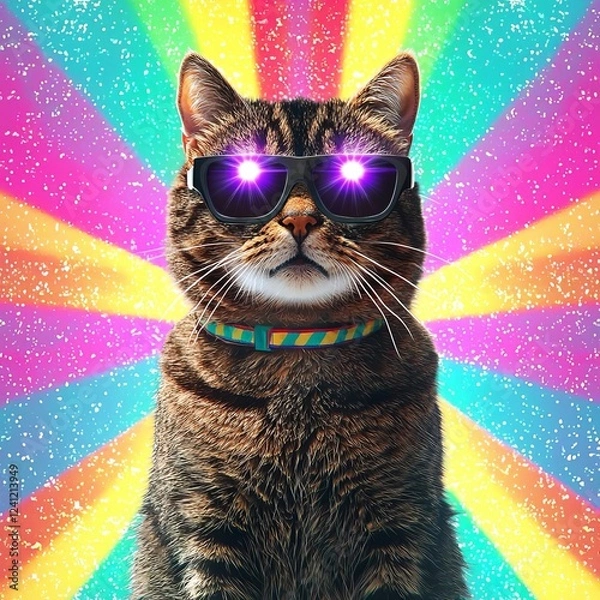 Fototapeta Unicorn Candy Cat with lasers from eyes. Minimal collage fashion concept , isolated on white background,  , copy space for text,