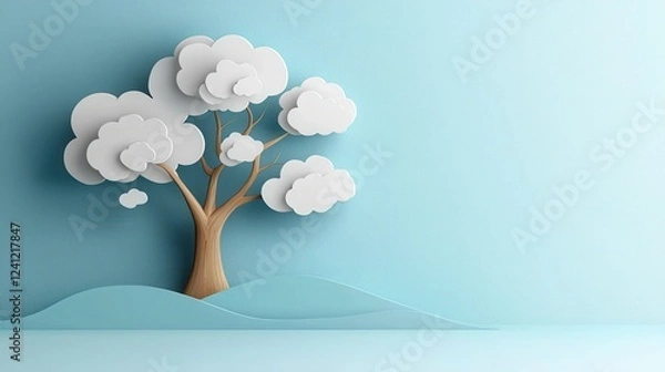 Fototapeta Abstract papercut tree and clouds on a blue background