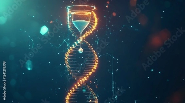 Fototapeta A futuristic concept of longevity and life expectancy, featuring a glowing low-polygon DNA helix and hourglass on a dark blue background