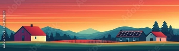 Fototapeta Beautiful rural landscape with mountains at sunset.