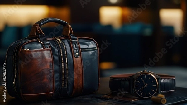 Fototapeta Stylish leather bag and elegant watch displayed on a table in a modern lounge setting