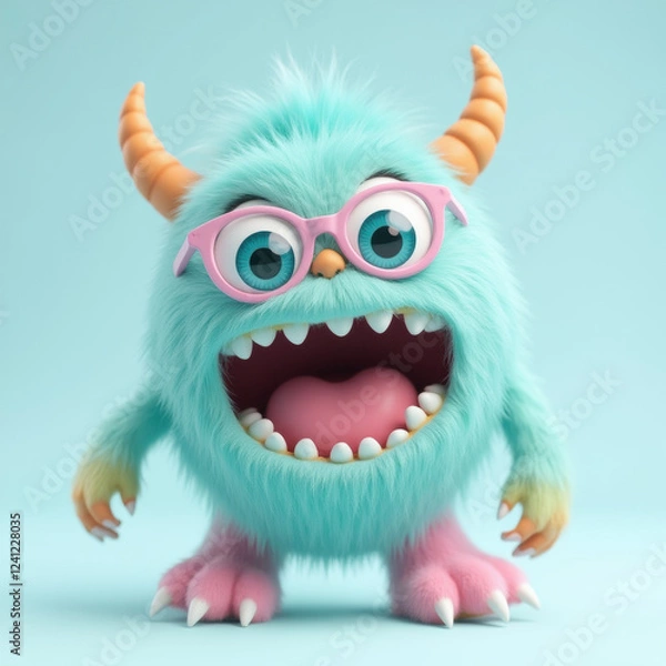 Fototapeta Cute furry monster with glasses, colorful and playful expression