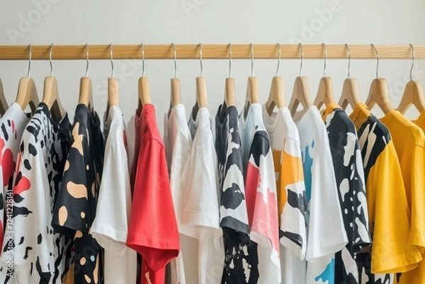 Fototapeta A colorful array of patterned shirts hanging on wooden hangers, showcasing a vibrant mix of styles and colors.