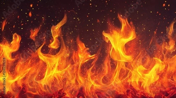 Fototapeta Close-up of bright orange and yellow flames dancing above glowing red embers in a darkened setting.