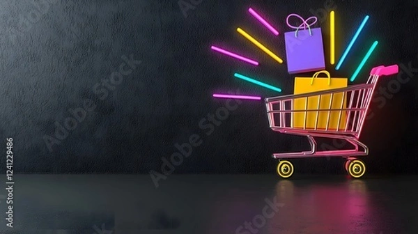 Fototapeta Stunning 3D rendered image depicting a levitating shopping cart filled with neon illuminated vibrant packages set against a dark futuristic background with subtle glowing effects
